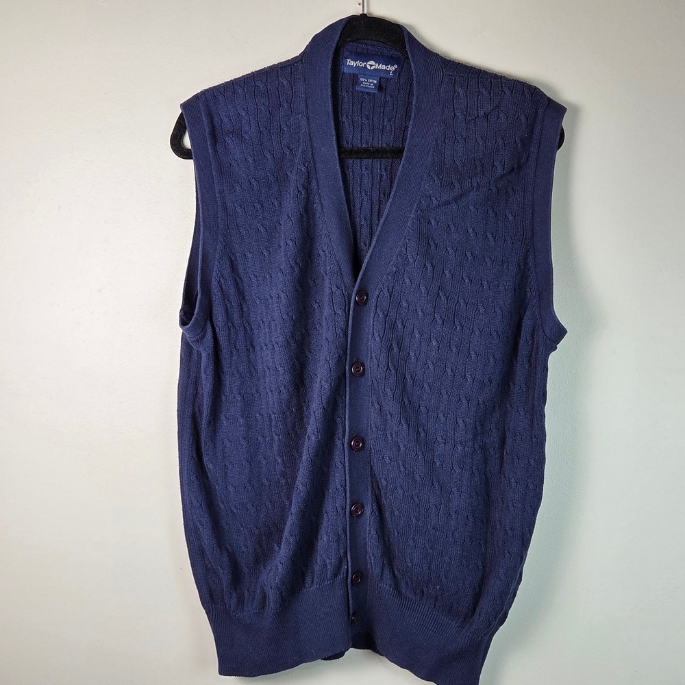 TaylorMade Sweater Vest Mens L Blue Excellent Cable Knit Cotton Golf Cardigan